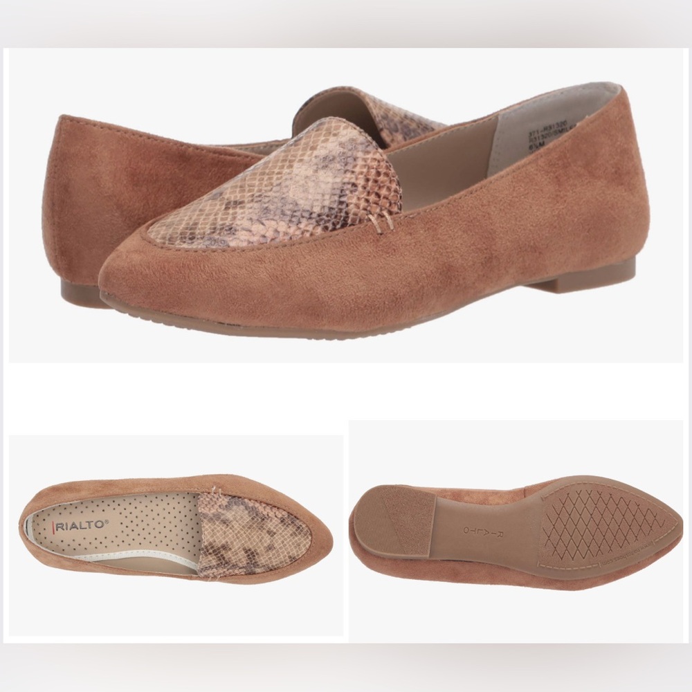 RIALTO Brown Suede Loafers with Snakeskin Detail hazelnut size 6M NWOT